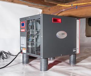 SaniDry dehumidifier in a crawl space