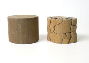 wet and dry clay soil samples, with the dry one shrunken and cracked